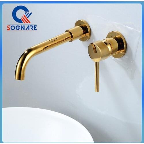 Wall Mounted Bathroom Faucets Brass Single Handle Cold and Hot Water Tap Gold Basin Faucet Mixer 360 Rotation Spout Taps Modern