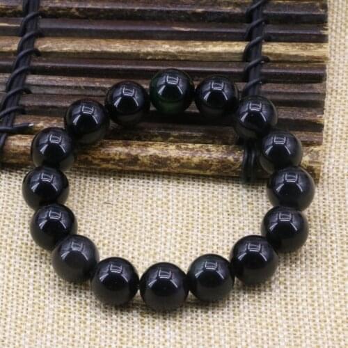 Natural Stone 12mm Round Black Obsidian Green Tiger Eyes Spacer Beads Strand Elastic Bracelet Bangle Diy Jewelry 7.5inch B3163