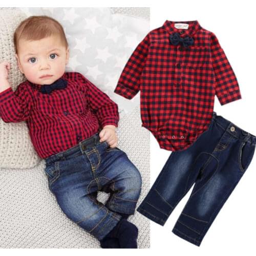 New Spring Autumn Baby Boy Clothing Set Gentlement Plaid Shirt + Jeans boy Tracksuit set Gentleman Breathable Cotton suit set