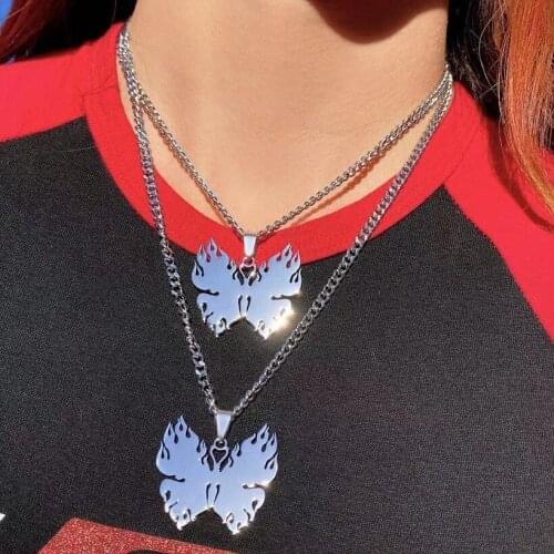 Harajuku Flame Butterfly Pendant Necklace Hip-Hop Rock Stainless Steel Chain Jewelry for Men Women Gift BFF Statement Necklace