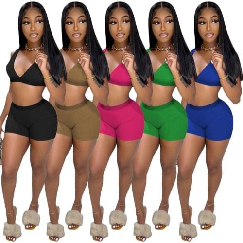 Beach Holiday Two-piece Suits Deep V Neck Sleeveless Off Shoulder Top and Tight Short Pants Casual Sports Fitness Outfits