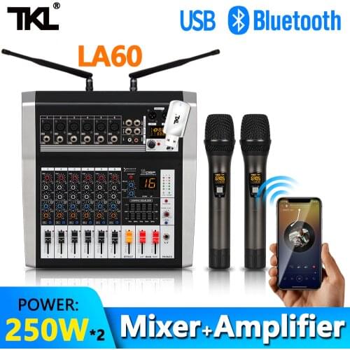 TKL Professional mixer audio console wireless mic With amplifier 250W*2 6 channel DJ sound Mixer USB Bluetooth MP3 48V phantom