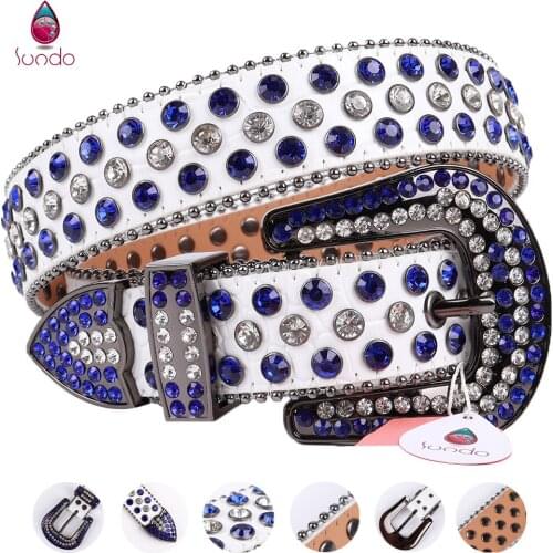 Blue Studded Belt Western Cowboy Bling Crystal Belt Fashion Women PU Leather Rhinestone Cowgirl Belt Buckle Ceinture Femme Luxe