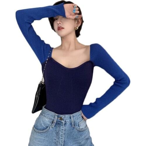 Sexy Square Collar Contrast Color Tight-fitting Knit Top Women Spring and Autumn Slim Wild Long-sleeved Bottoming Shirt NS2627