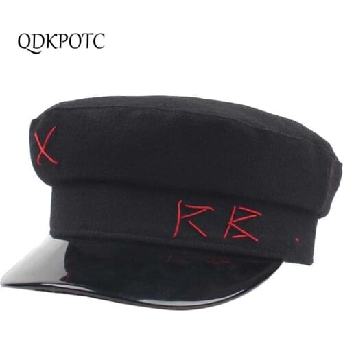 Cap Winter New Women Wool +Pu Leather Patchwork Military Hats Autumn Fashion Outdoor Keep Warm Shopping Flat hat QDKPOTC