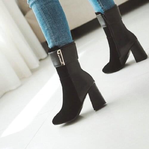 Sianie Tianie Winter Autumn Pointed Toe Block High Heels Slim Lady Booties Wide Belt Design Womens Charm Mid-callf Fashion Boots