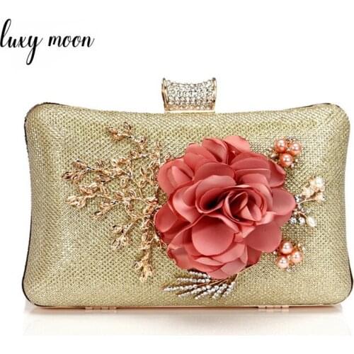Flower Gold Clutch Bag For Women Elegant Pearl Crystal Evening Clutch Bag Wedding Purse and Handbag Chain Shoulder Bag ZD1131