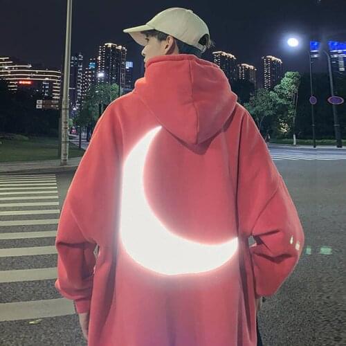 Moon Reflective Hoodies Loose Mens Sweatshirt Orange Autumn Winter Sweatshirts Men Streetwear Cool Japan Hoodies Funny Male