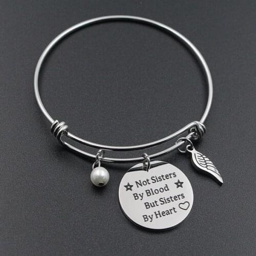 VILLWICE Fashion Wings Charm Sister Bangle Bracelet Expandable Stainless Steel Best Friend Custom Friendship Jewelry Gift