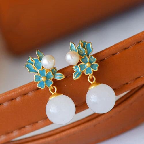 Vintage Sterling Silver Earrings Womens Inlaid Hetian White Jade Earrings Cloisonne Enamel Earrings Palace Style Pearl Earrings