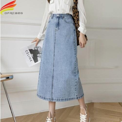 New 2021 Summer Long Denim Skirt Women Korean Fashion High Waist A Line Slit Skirt Blue Beige Color Jeans Skirts jupe en jean
