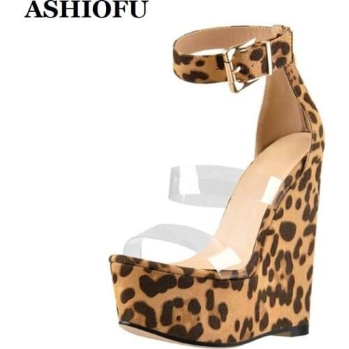 ASHIOFU Handmade High Heeled Sandals Leopard-print Suede Ankle Buckle Strap Sexy Shoes Party Evening Platform Fashion Sandals
