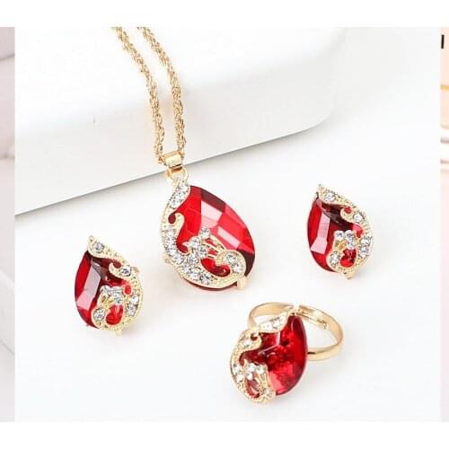 Colors Crystal Pendant New Water Drop peacock Earrings Ring Set Elegant Jewelry Set Women Valentine Wedding Party Sets