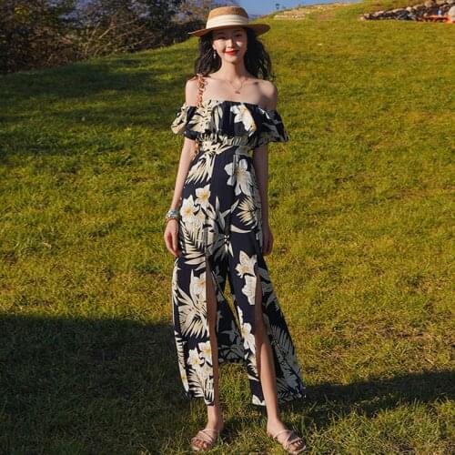 New Fashion Summer Beach Sexy Off-Shoulder Elegant Party Jumpsuits Women Casual Vacation Clothes Strapless Print Split Jumpsuits