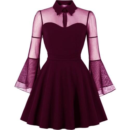2021 Fuchsia Elegant Party High Waist A Line Vintage Dresses Spring Women Turn-Down Collar Mesh Flare Sleeve Plus Size Dress