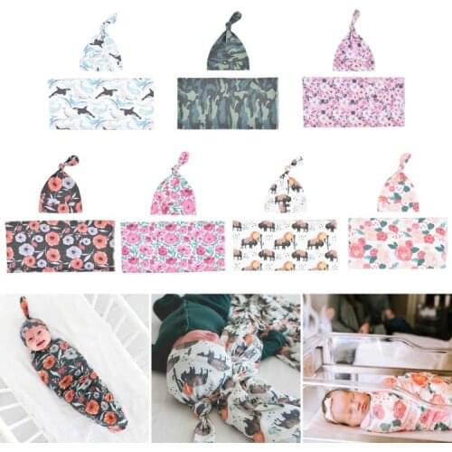 2 Pcs Baby Floral Receiving Blanket+Beanie Cap Infants Swaddle Wrap Turban Hat Q1FE