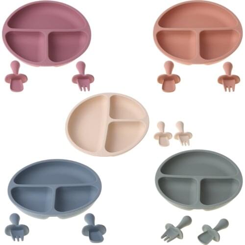 3pcs/set BPA Free Baby Silicone Tableware Solid Color Dinner Plate Training Fork And Spoon For Children 97BC