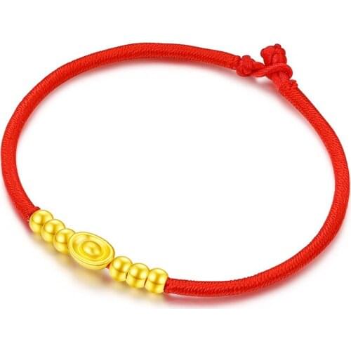 999 24K Yellow Gold Bracelet Real Gold Chain Luck Small Ingots Charms and Red Rope Knitted Bead Girl Best Gift Jewellery