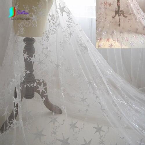 White/pink with purple Wedding Dress,DIY Home Decoration Sewing Skirt Sky Stars Pattern Embroidered Lace Net Yarn Fabric S0134L