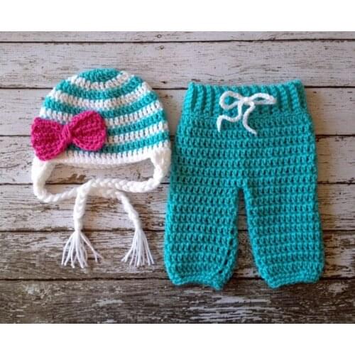Free shipping,Baby Infant Newborn girls red bowknot hat + Pants 2pcs baby set, Crochet Costume Photography Prop