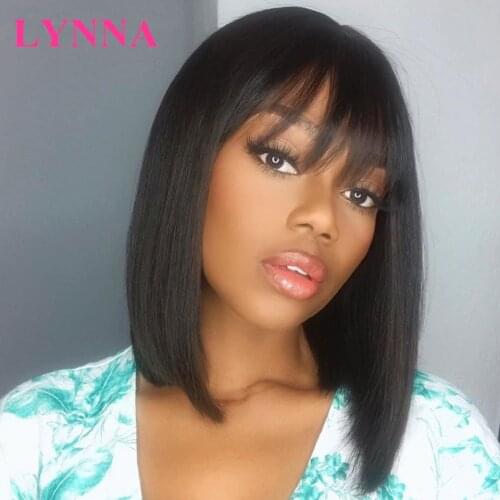Short Bob Wigs For Black Women Natural Black Brazilian Straight Human hair Wigs With Bangs Full Machine Made Glueless Fringe Wig