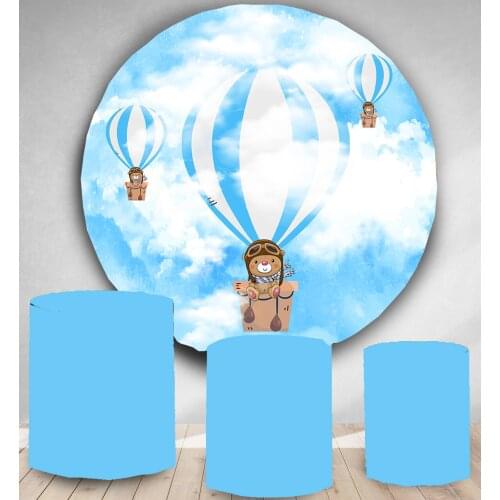Round Circle backdrop background hot air balloon teddy bear travel baby birthday party banner pink blue boy girl table cover