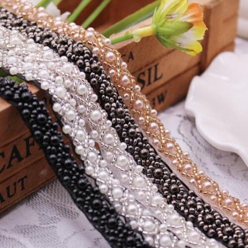 10yds Black White Champagne Pearl Beaded Trims Lace Ribbon Clothes Decoration Wedding Dress Collar African Lace Fabric Applique