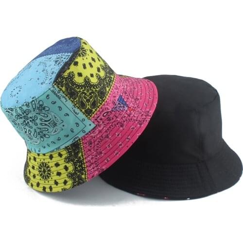Summer Fisherman Hat Patchwork Vintage Printed Bucket Hats For Women Men Street Hip Hop Bucket Cap Reversible Fishing Hat
