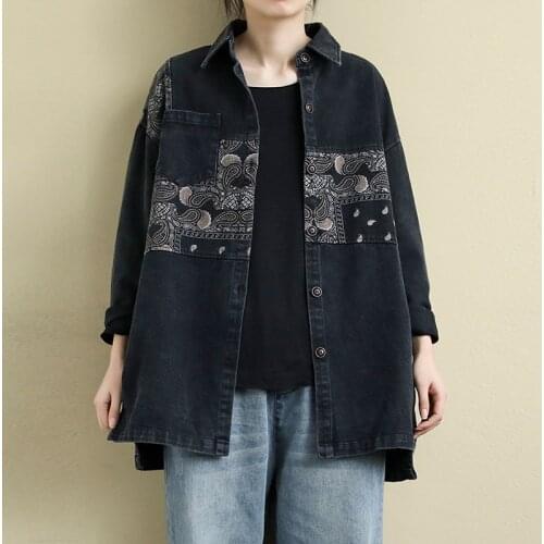 NINI WONDERLAND 2021 Autumn Winter Loose Cotton Denim Jacket Coat Women Long Sleeve Patchwork Print Irregular Long Cardigan Coat