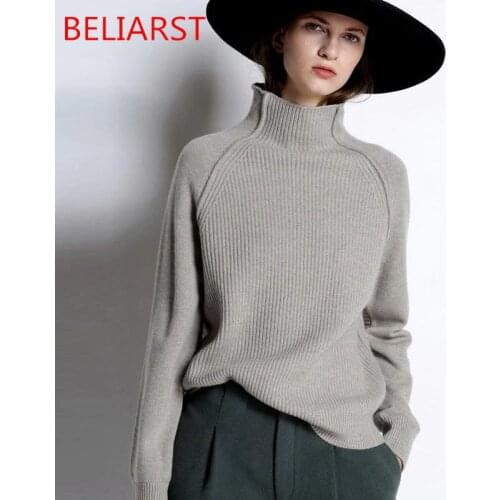 BELIARST New Autumn and Winter Cashmere Sweater Women High-Collar Thickened Pullover Loose Sweater Large Size Knitted Wool Shirt