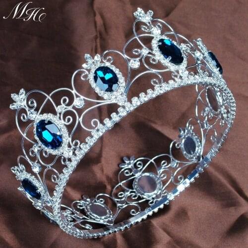 Pageant 3.5" Full Circle Tiara Blue Crystal Crown Semi-precious Stone Headband King Queen Wedding Party Costumes Art Deco