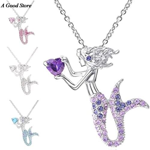 Romantic Mermaid Crystal Zircon Pendant Necklace Women Birthday Present Jewelry Charm Gift Accessories