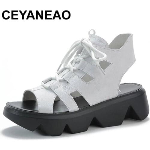 CEYANEAOHigh Quality Platform Sandals For Women Genuine Leather Shoes High Heel Peep Toe Fashion Gladiator Sandals Women Lace-Up