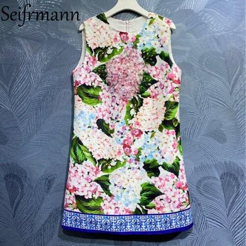 Seifrmann New 2021 Summer Women Fashion Party Mini Dress Sleeveless Gorgeous Crystal Appliques Floral Printed Ladies Dresses