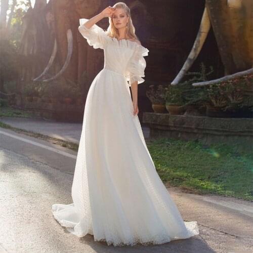 Rustic Polka Dot Tulle Off Shoulder Wedding Gowns A Line Half Sleeves 2021 Bridal Dress Ballgown Backless Custom Made Plus Size