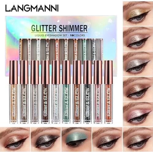 Langmanni 10pcs/set Waterproof Eye Shadow Pen Diamond Sparkling Liquid Eyeshadow Set Pearlescent Multi-purpose Makeup Kit
