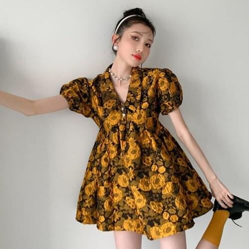 Vintage Jacquard Yellow Mini Dress Women Fashion Lapel Puff Sleeves Summer 2021 Korean Short Sleeve Dresses Vestido Mujer Verano