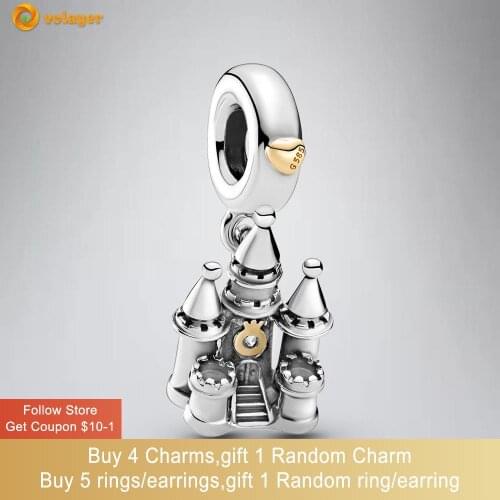 Volayer 925 Sterling Silver Two-tone Castle Dangle Charm fit Original Pandora Bracelets for Women DIY Jewelry