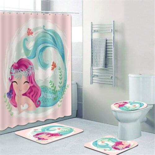 Little Cute Cartoon Mermaid Shower Curtains Bathroom Curtain Floral Mermaid Seashell Bath Curtain Mat Rug Girl Kid Room Decor