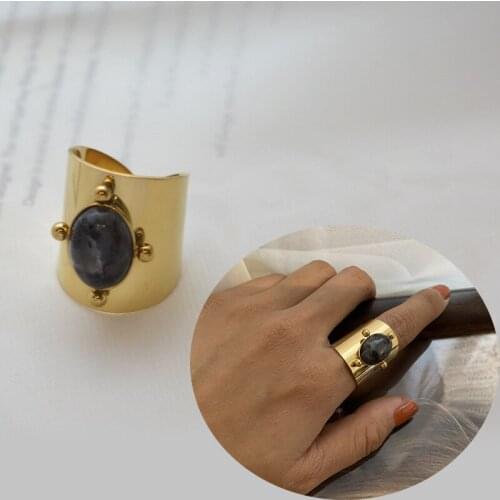 Natural gemstone ring for women gold wide adjustable stainless steel statement ring cocktail vintage hyperbole luxury