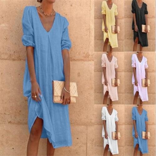 2021 Summer Sexy Elegant V-Neck Loose Dress Women Vintage Solid Puff Short Sleeve Party Dress Spring Lady Casual Dress Vestidos