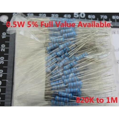 500PCS 1/2W 0.5W Oxide Carbom Metal film Resistor 0R/0.5R/820K/910K/1M/Ohm 5