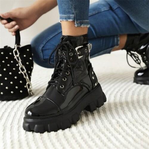 PXELENA Patent Leather Rivet Martin Boots Women Large Size 34-46 Chunky Platform Motorcycle Military Boots Punk Goth Shoes Lady