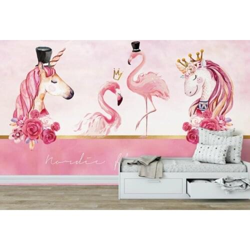 Nordic Childrens Wallpaper Uniocorn Flamingo Wall Mural 3D Custom Carton Photo Wall Papers Roll Waterproof Contact Paper