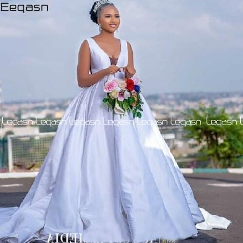 Eeqasn Elegant African Satin Wedding Dresses Long Train Ball Gown Corset Back V Neck Bridal Dress Plus Size Vestido De Noiva