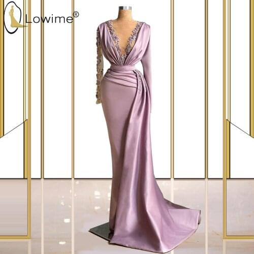 Elegant Taro Purple Long Sleeve Mermaid Evening Dresses 2021 Illusion O Neck Beaded Satin Prom Party Gowns Vestidos Formales
