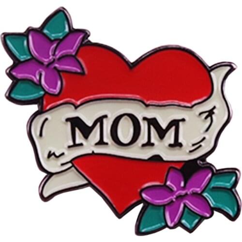Mom enamel pin leaf flowers brooch red heart badge romantic tattoo jewelry mothers day gift
