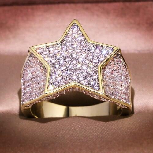 European and American big-name pentagram mens ring yellow gold electroplated micro inlaid zircon hip-hop hipster ring jewelry