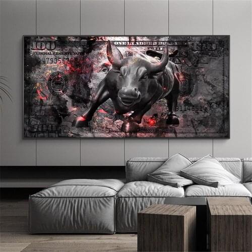 One Hundred Dollar Canvas Paintings Bull Money Motivation Posters Street Wall Art Picture for Modern Home Living Room Decoration
