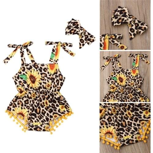 2020 Summer Infant Baby Girl Headband Sunflower Set Leopard Sleeveless Bodysuit Jumpsuit Outfit Clothes